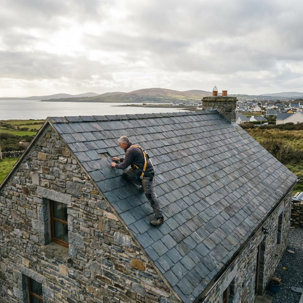 Roofer repairing a slate roof in Galway