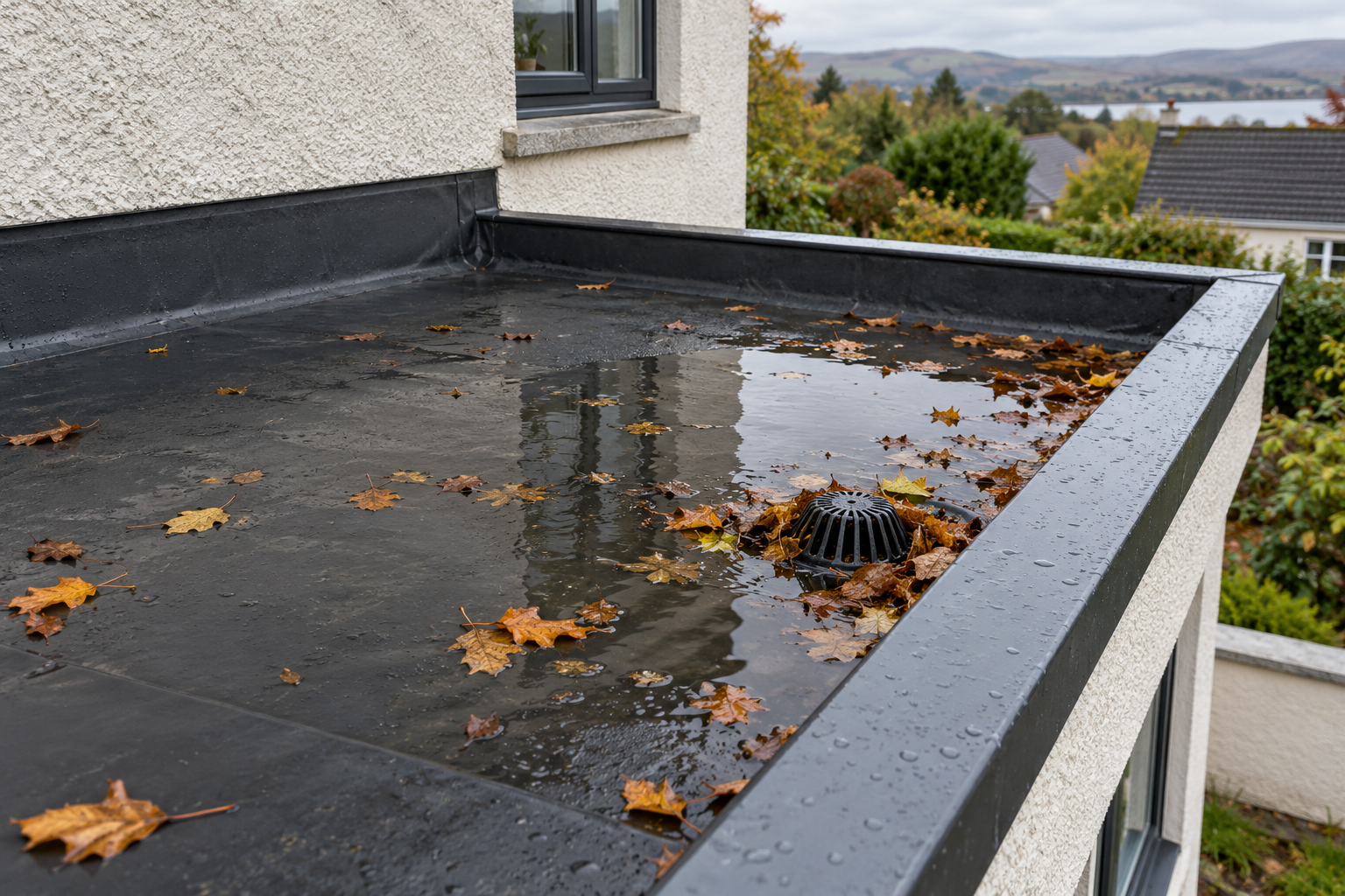 Illustration of standing water and leaves near a flat-roof drain