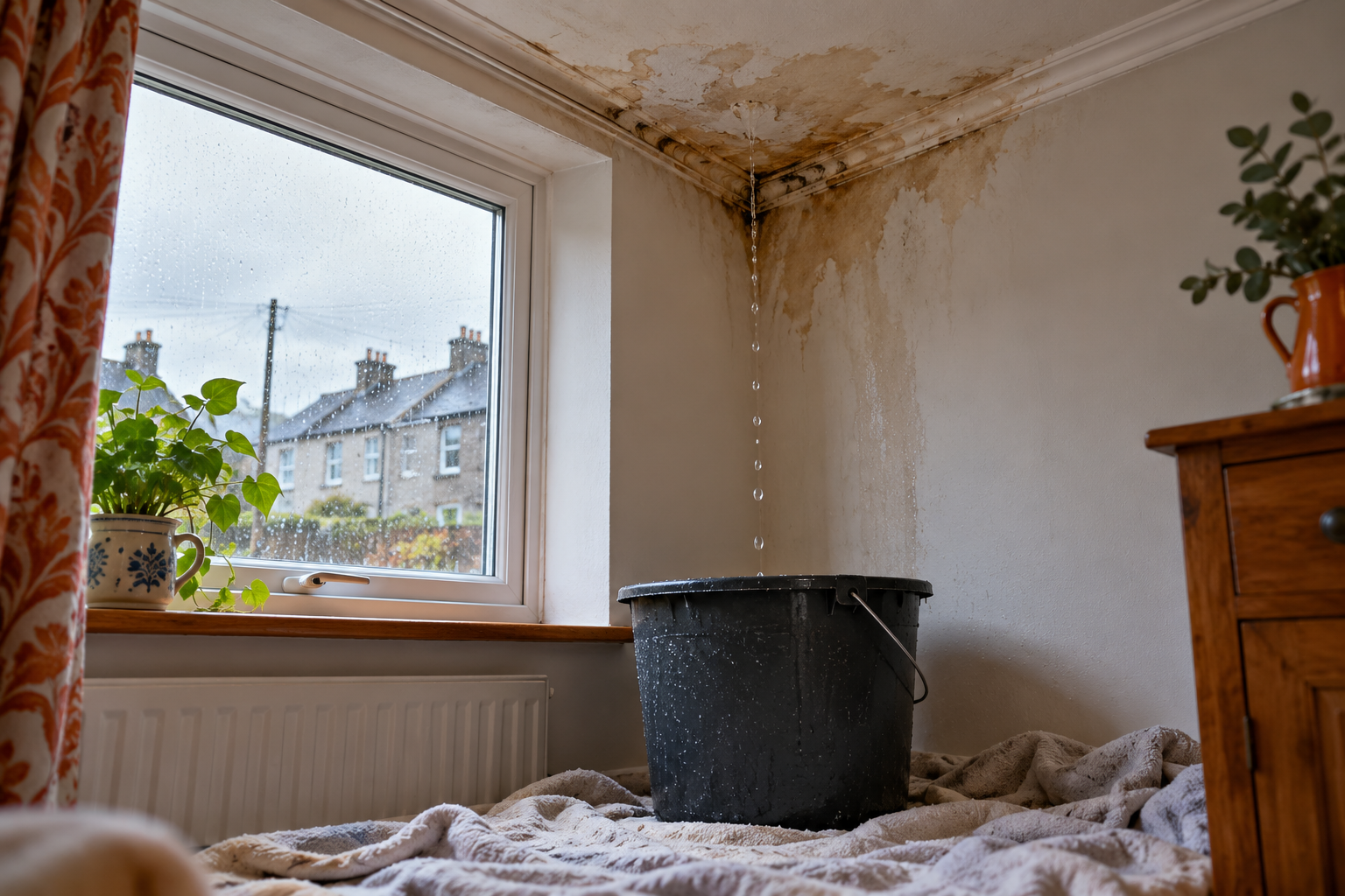 Illustration of ceiling water damage and a bucket catching a roof leak