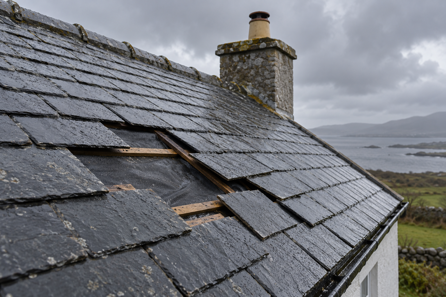 Illustration of slipped and missing slates after windy weather
