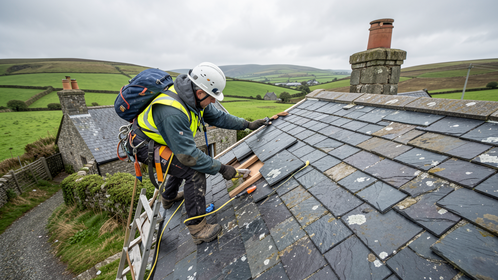 Galway Roofing crew repairing a slate roof